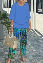 Summer Floral Print Short-Sleeve Top Loose Pants Two-Piece Set - 5Color