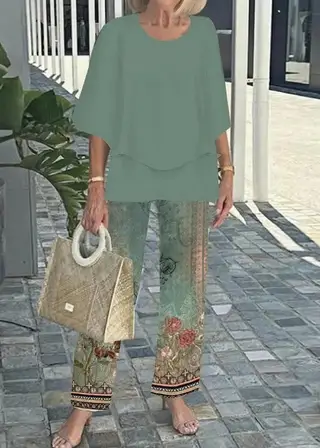 Summer Floral Print Short-Sleeve Top Loose Pants Two-Piece Set - 6Color - View 1