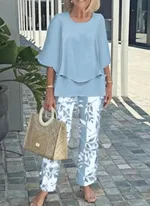 Summer Floral Print Short-Sleeve Top Loose Pants Two-Piece Set - Floral