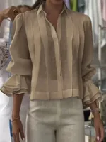 Pleated Solid Color Stitching Short Sleeve Shirt - Khaki