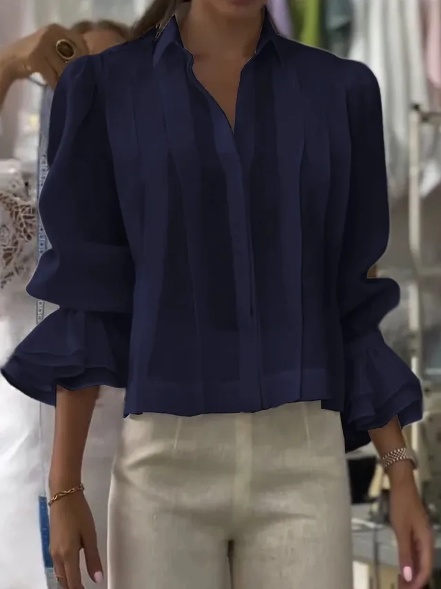 Pleated Solid Color Stitching Short Sleeve Shirt Navy Blue - Shop at LoveMi