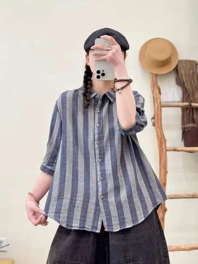Wide Striped Printed Double layer Yarn Loose Women's Cardigan Short Sleeve Shirt Blue - Shop at LoveMi