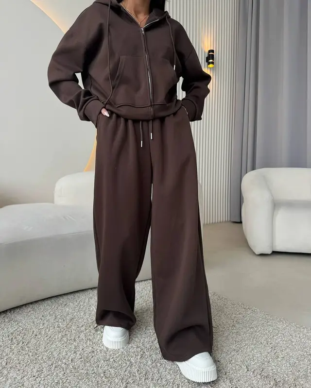 European And American Solid Color Long Sleeve Zipper Cardigan Hoodie Lace up Trousers Two piece Set Brown - Shop at LoveMi