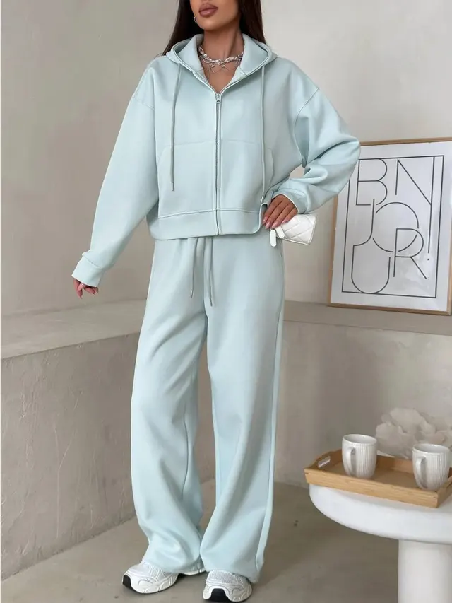 European And American Solid Color Long Sleeve Zipper Cardigan Hoodie Lace up Trousers Two piece Set Cyan - Shop at LoveMi
