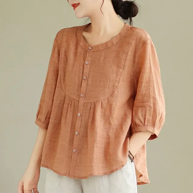 Short sleeved T shirt Summer New Belly Top High end Linen Orange - Shop at LoveMi