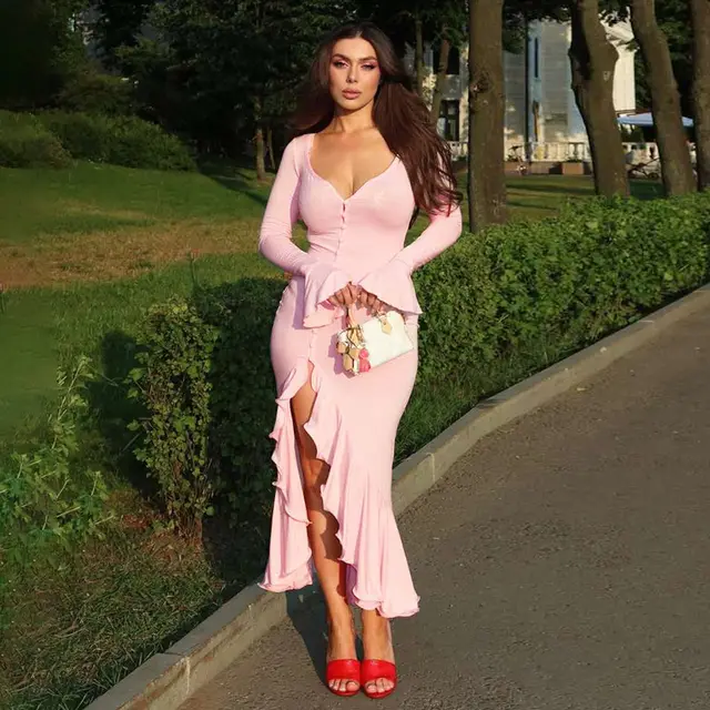 New Fashion V neck Flared Sleeves Ruffled Split Dress Women Pink - Shop at LoveMi