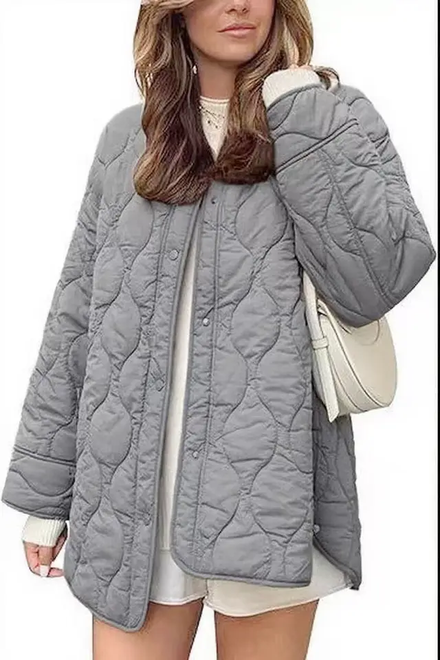 European And American Style Chic String Decoration Simple Solid Color Round Neck Loose Cotton Coat Gray - Shop at LoveMi