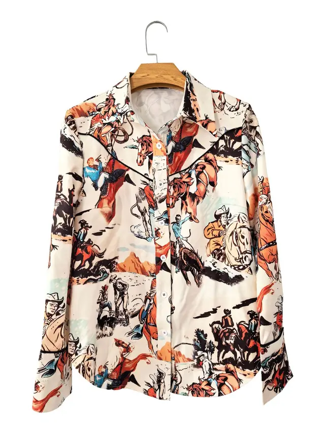 Denim Ethnic Street Printing Slim Fit Women's Shirt Cattle Denim Style - Shop at LoveMi