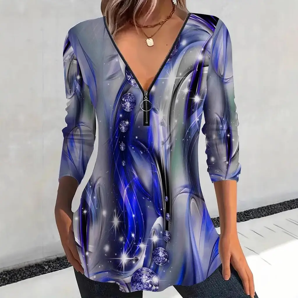 V-neck Zipper Floral Print Long Sleeve Women's Top - Blue