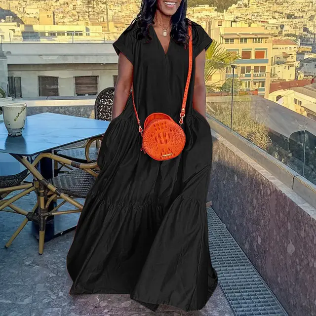 Solid Color And V neck Hem Ruffled Short Sleeves Long Dress Black - Shop at LoveMi