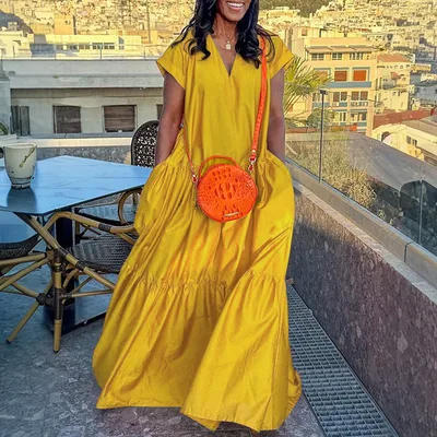 Solid Color And V neck Hem Ruffled Short Sleeves Long Dress Yellow - Shop at LoveMi