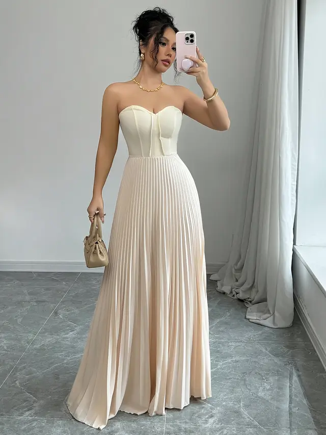 Women's French Tube Top Solid Color Waist Tight Elegant Dress Apricot - Shop at LoveMi