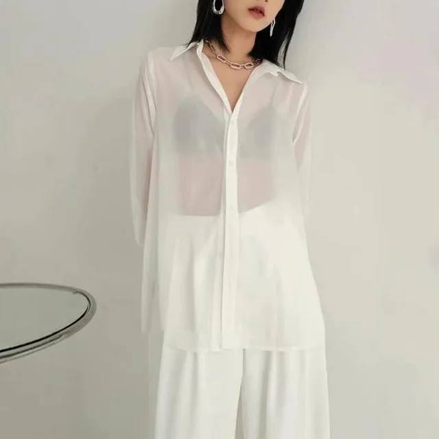 Lady Temperament Micro Transparent Chiffon Shirt Air Conditioning Shirt White - Shop at LoveMi