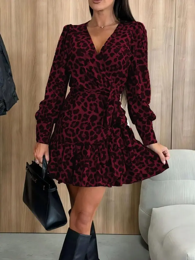 Women's Bubble Sleeve V neck Lace up Printed Dress Red - Shop at LoveMi
