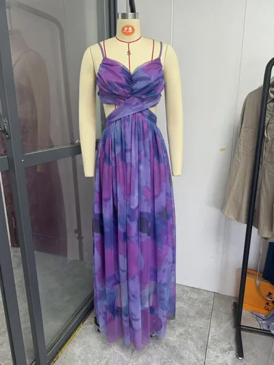 Mesh Printing Slip Dress Holiday Leisure Party Purple - Shop at LoveMi