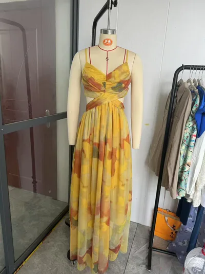 Mesh Printing Slip Dress Holiday Leisure Party Yellow - Shop at LoveMi