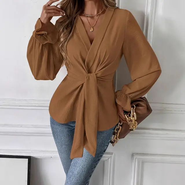 New Elegant V neck Long Sleeve Shirt Autumn Top Women's Loose Brown - Shop at LoveMi