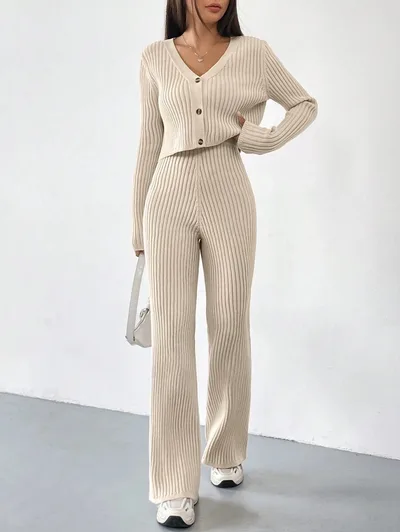 Solid Color Knitted Two piece Women's V neck Short Knitted Cardigan Bootcut Trousers Versatile Casual Women's Clothing Apricot - Shop at LoveMi