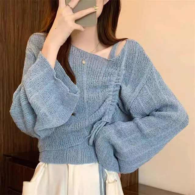 Knitwear High grade Short Off shoulder Long sleeved Top Two piece Set Blue - Shop at LoveMi