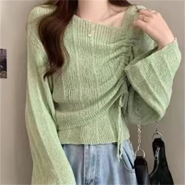 Knitwear High grade Short Off shoulder Long sleeved Top Two piece Set Grass Green - Shop at LoveMi