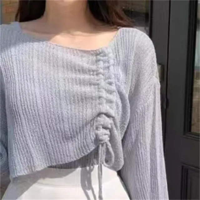 Knitwear High grade Short Off shoulder Long sleeved Top Two piece Set Gray - Shop at LoveMi