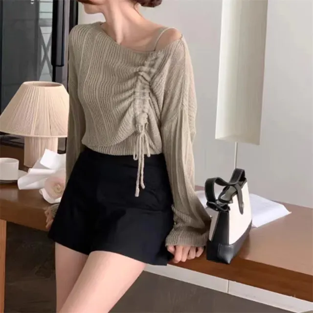 Knitwear High grade Short Off shoulder Long sleeved Top Two piece Set Oats - Shop at LoveMi