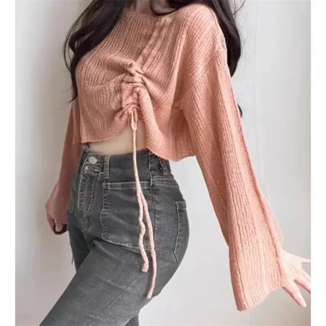 Knitwear High grade Short Off shoulder Long sleeved Top Two piece Set Pink - Shop at LoveMi