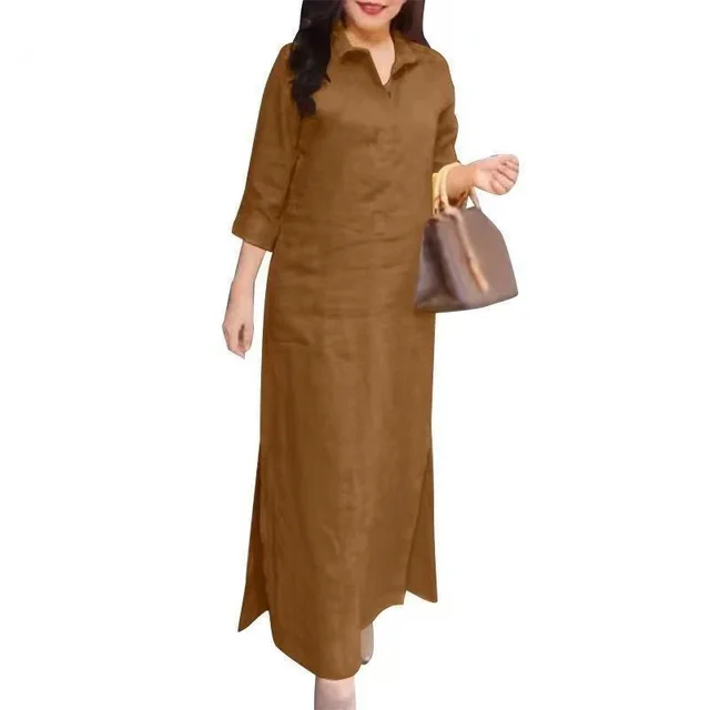 Solid Color Lapel Long Sleeve Simple Dress Women Dark Brown - Shop at LoveMi