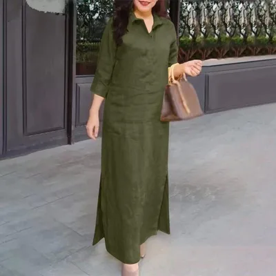 Solid Color Lapel Long Sleeve Simple Dress Women Green - Shop at LoveMi