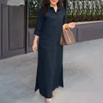 Solid Color Lapel Long Sleeve Simple Dress Women - Navy