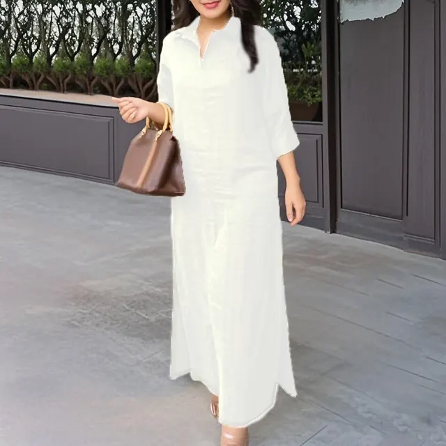 Solid Color Lapel Long Sleeve Simple Dress Women White - Shop at LoveMi
