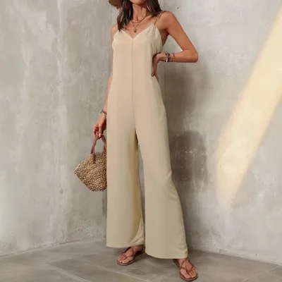 Elegant Solid Color Baggy Straight Trousers Casual Jumpsuit Apricot - Shop at LoveMi