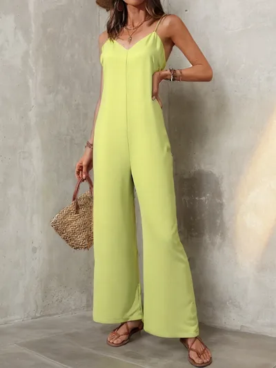 Elegant Solid Color Baggy Straight Trousers Casual Jumpsuit Green - Shop at LoveMi