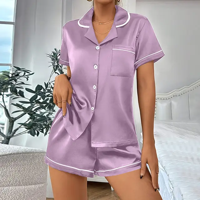 Casual Pajamas Women's Artificial Silk Soft Double Short Lapel Light Purple - Shop at LoveMi