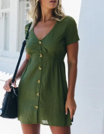 Color V neck Slim Single Row Button High Waist Dress Women Green - Shop at LoveMi