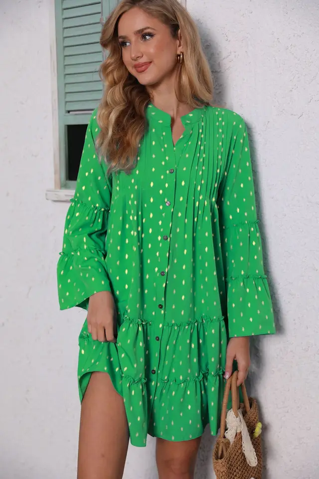 Printing Gilded Pleated Bell Sleeve Loose Dress Green - Shop at LoveMi