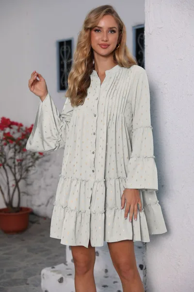Printing Gilded Pleated Bell Sleeve Loose Dress White - Shop at LoveMi