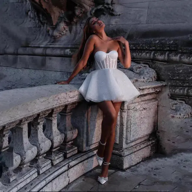 Sleeveless Sexy Tube Top Shiny Short Wedding Dress A Line Skirt Beige - Shop at LoveMi