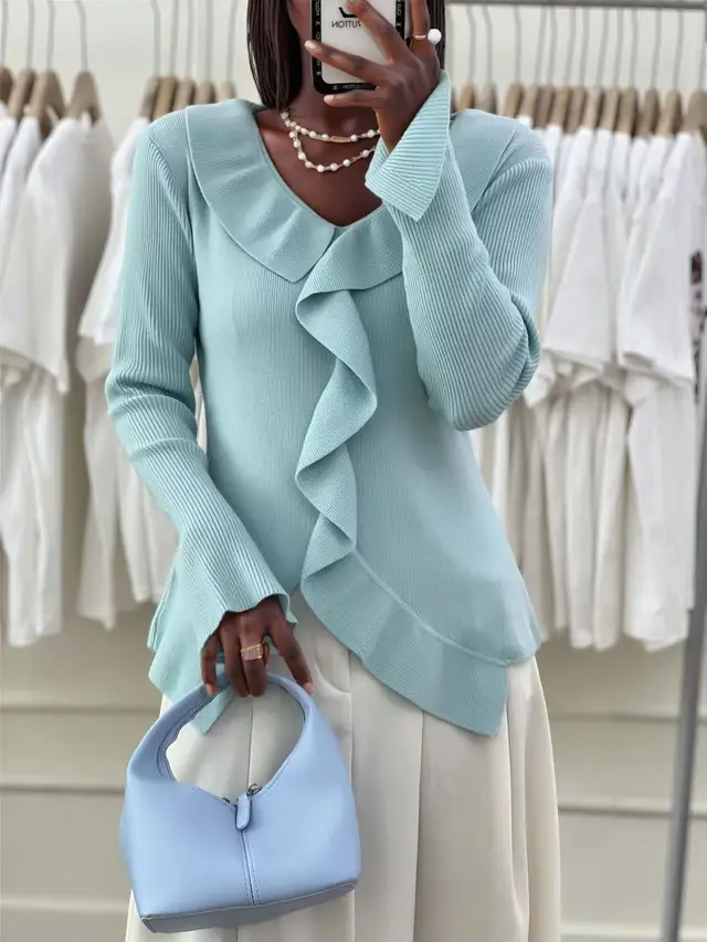 Solid Color Slim fit Bottoming Shirt Sky Blue - Shop at LoveMi