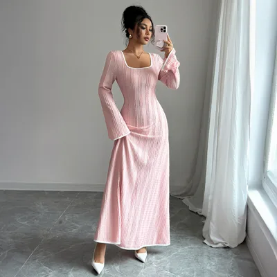 Slim fitting Simple Long Sleeve Dress Women's Clothing Pink - Shop at LoveMi