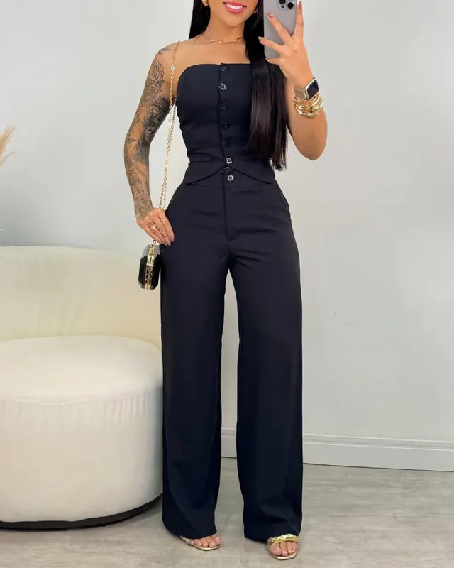 Tube Top Button Vest Closure Placket Wide Leg Trousers Suit Black - Shop at LoveMi