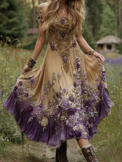 Gradient Lavender Floral Print Linen Maxi Dress Beige Purple - Shop at LoveMi
