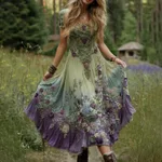 Gradient Lavender Floral Print Linen Maxi Dress - Green