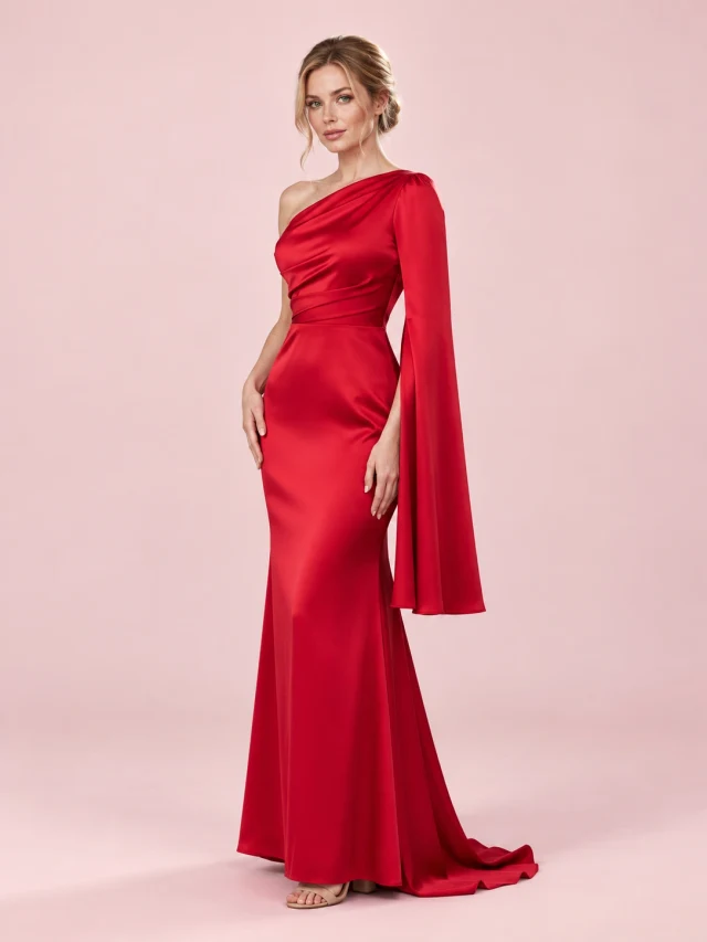 Elegant Single Long Sleeve Slim Satin Dress Red - Shop at LoveMi