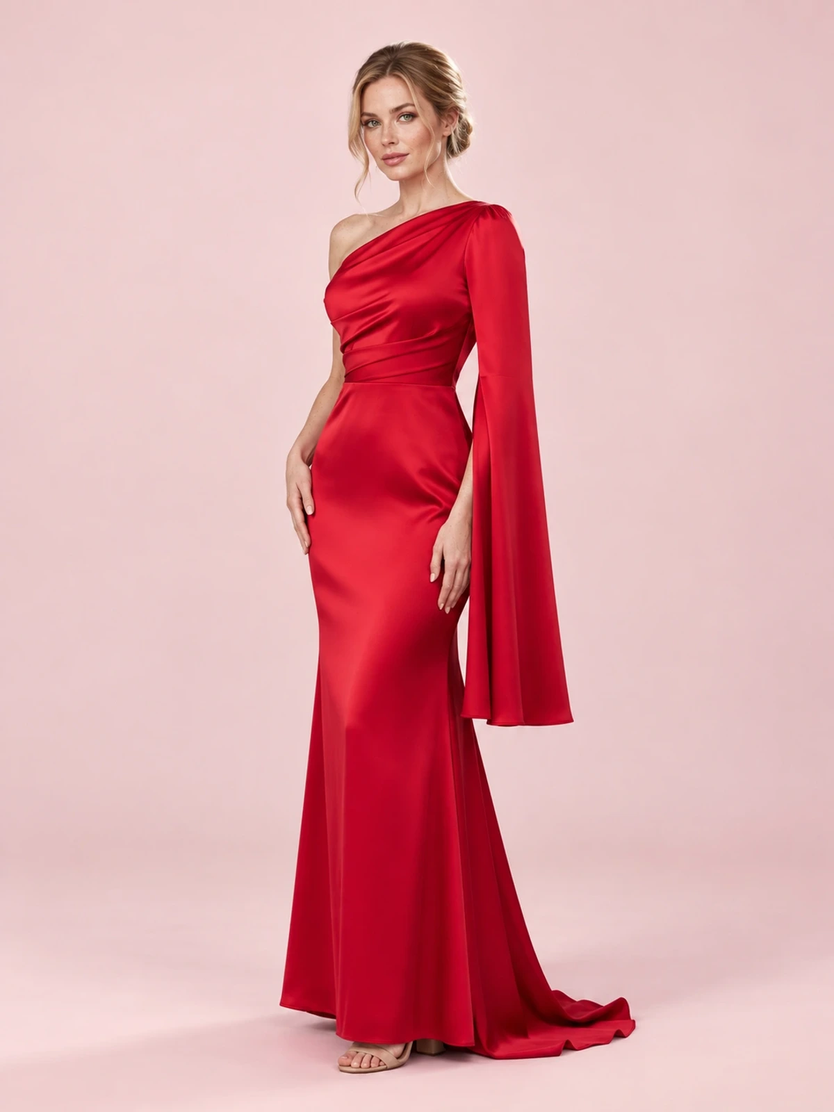 Elegant Single Long Sleeve Slim Satin Dress - Red