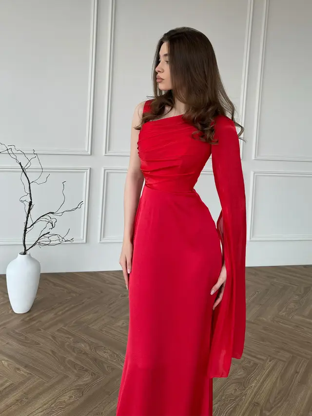 Elegant Single Long Sleeve Slim Satin Dress Red - Shop at LoveMi