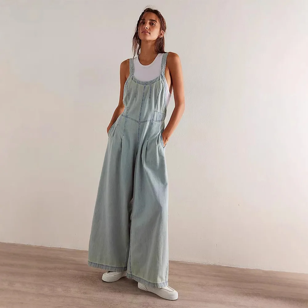 Denim Pocket Loose Wide Leg Overalls Light Blue - Shop at LoveMi
