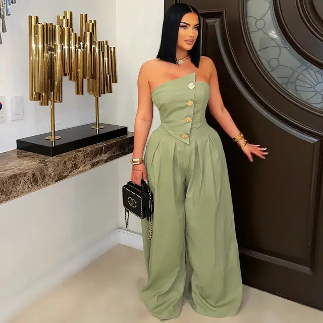 Sexy Tube Top Sleeveless Metal Button Wide Leg Jumpsuit Army Green G0729 - Shop at LoveMi