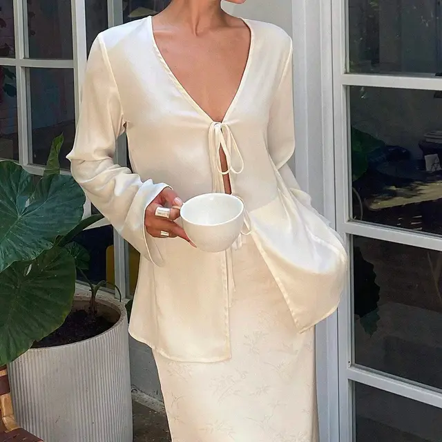 Solid Color Waist Cinched Long Sleeved Fitted Women's Shirt White - Shop at LoveMi