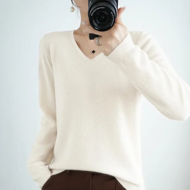Sweater Short Plus Size Pullover Bottoming Shirt Beige V Neck - Shop at LoveMi